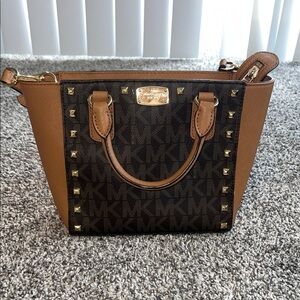 Michael Kors Tan and Black Satchel with Gold Studs